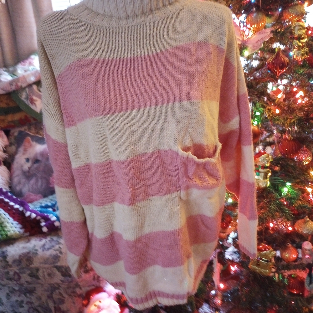 Chaus Pink and Cream Striped Turtleneck Sweater